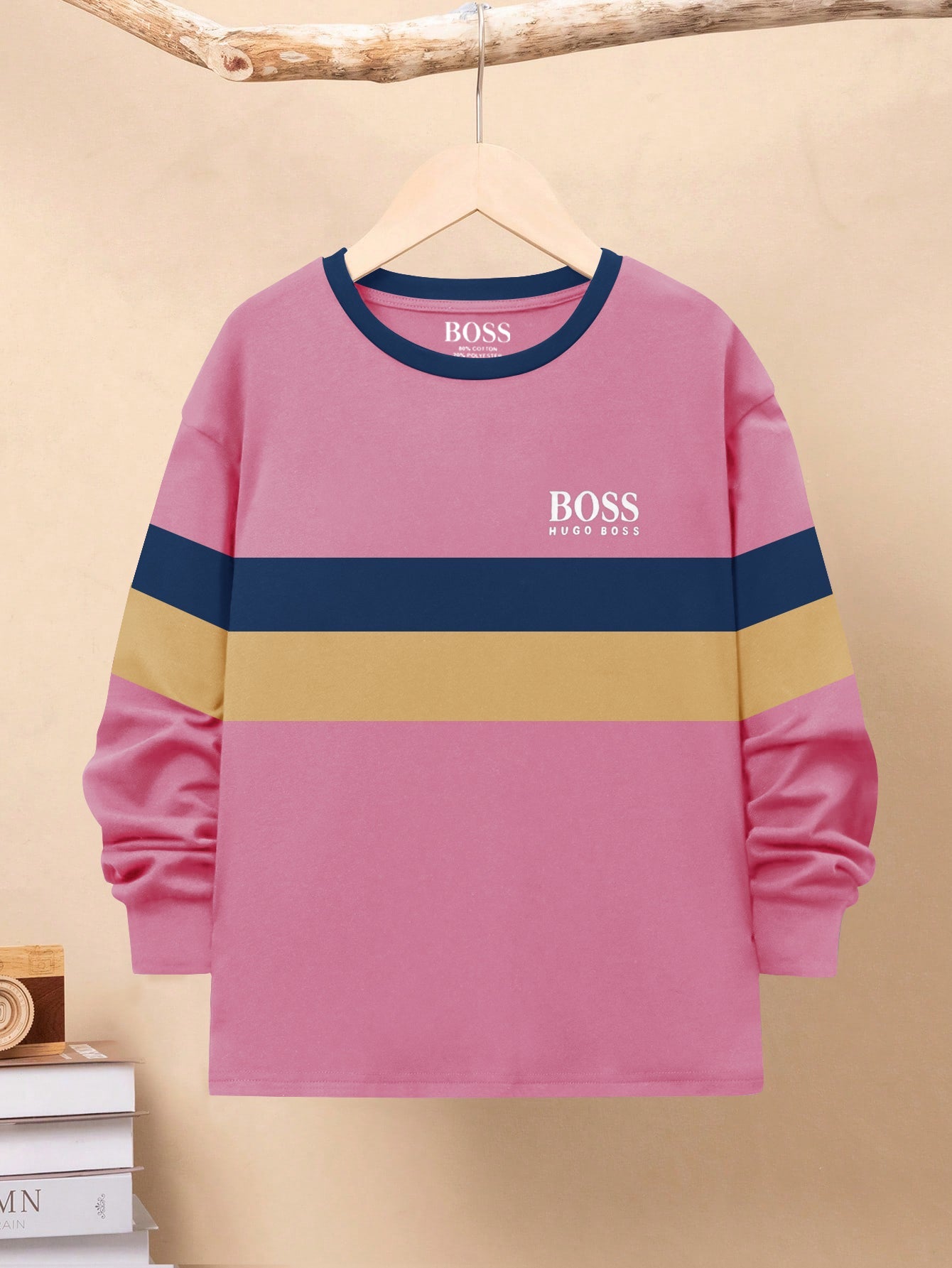 HB Crew Neck Long Sleeve Single Jersey Tee Shirt For Kids-Pink with Stripes-RT2419