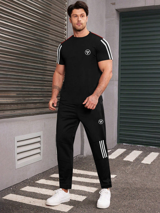 Louis Vicaci Summer Active Wear Tracksuit For Men-Black with white & Red Stripes-RT2492