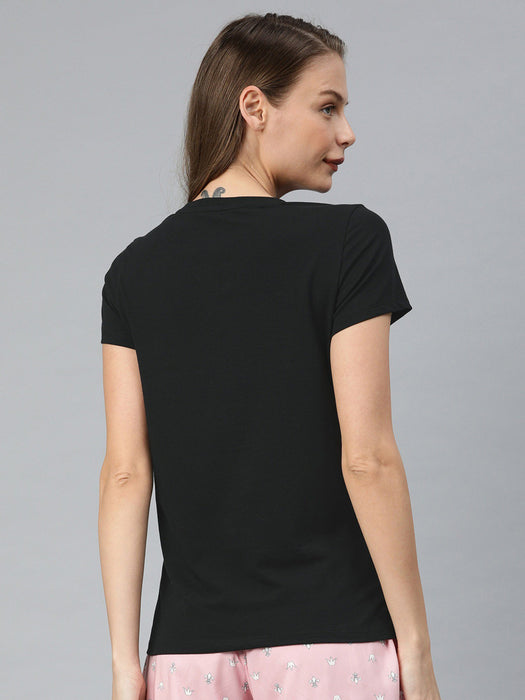 47 V Neck Half Sleeve Tee Shirt For Ladies-Black-SP5225