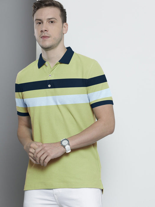 Summer Polo Shirt For Men-Parrot Green With Navy & Sky Blue Stripe-RT09