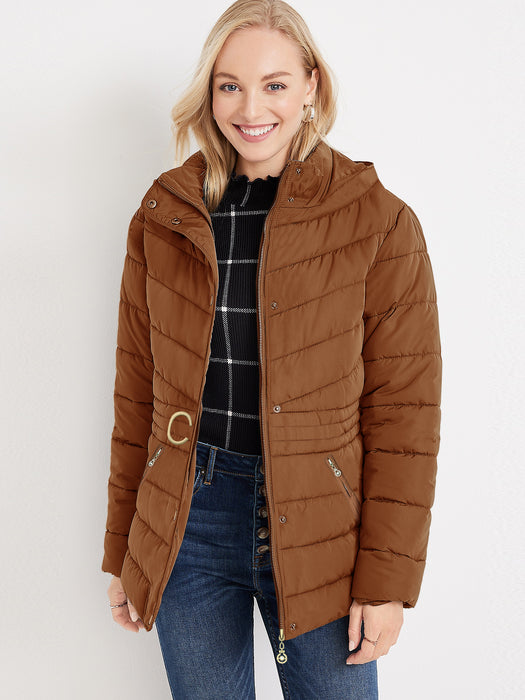 Cinched Waist Puffer Hoodie Jacket For Women-Brown-BR200