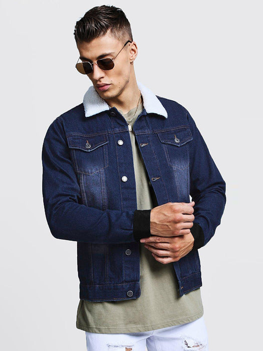 Long Sleeve Plush Fur Denim Jeans Jacket For Men-Blue-BR203