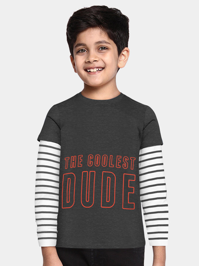 Maxx Crew Neck Long Sleeve Single Jersey Tee Shirt For Kids-Charcoal & White-RT2116