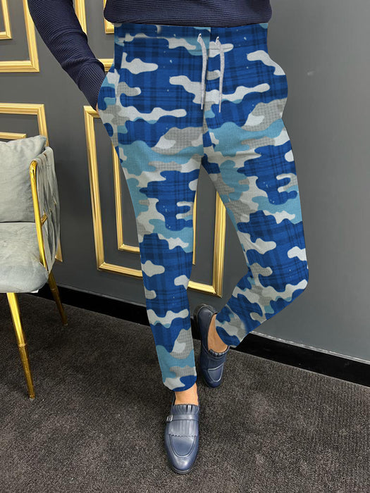Louis Vicaci Slim Fit Single jersey Trouser Pent For Men-Blue Camouflage Print-BR522