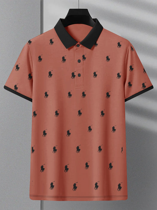 Summer Polo Shirt For Men-Coral Orange with Allover Print-RT2337