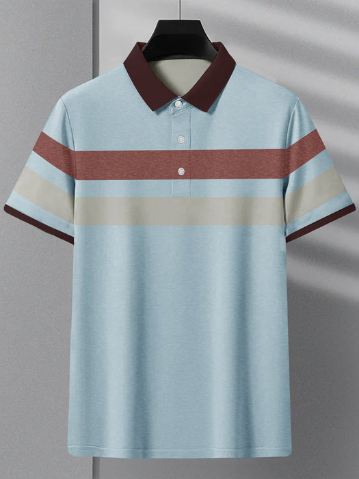 NXT Summer Polo Shirt For Men-Blue Melange with Maroon & Grey Stripe-RT2341