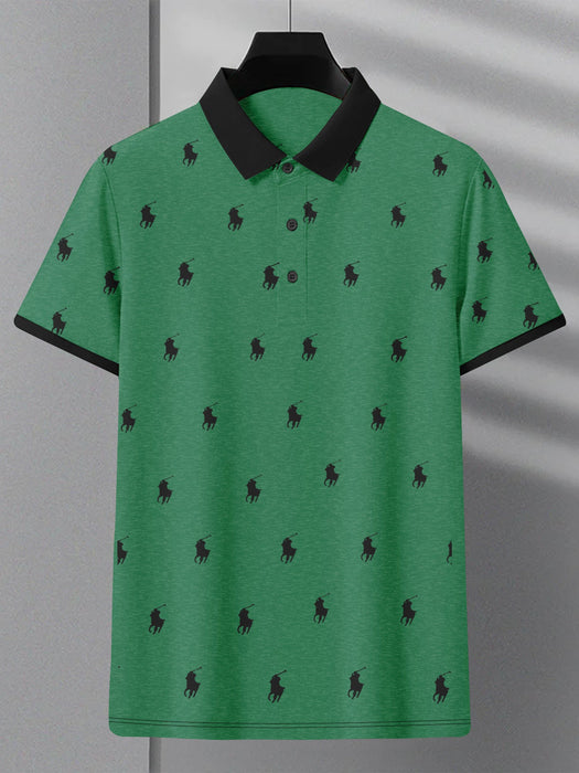 Summer Polo Shirt For Men-Green Melange with Allover Print-RT2340