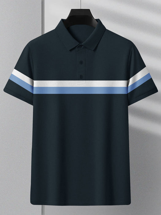 Summer Polo Shirt For Men-Dark Navy With White & Sky Stripe-RT2338