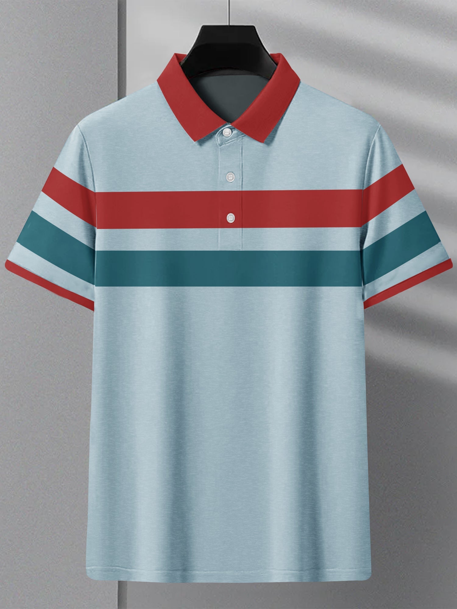 Summer Polo Shirt For Men-Blue Melange with Red & Persian Blue Stripe-RT2339