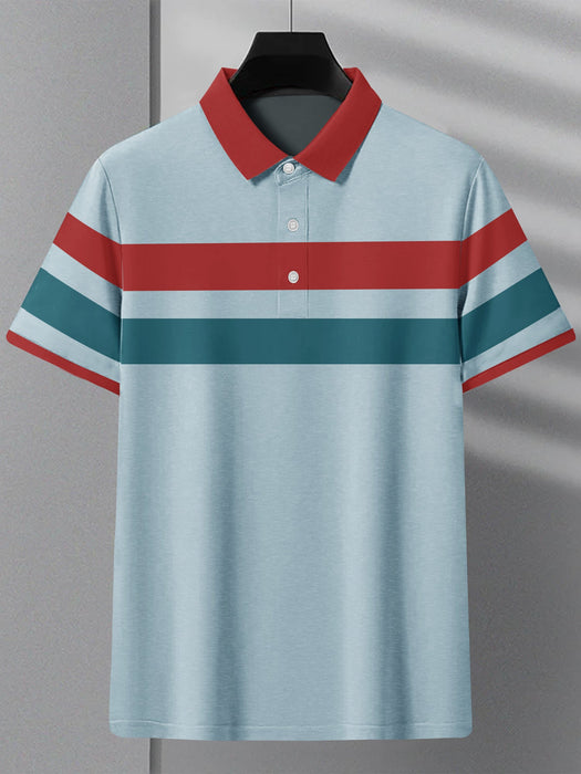 Summer Polo Shirt For Men-Blue Melange with Red & Persian Blue Stripe-RT2339
