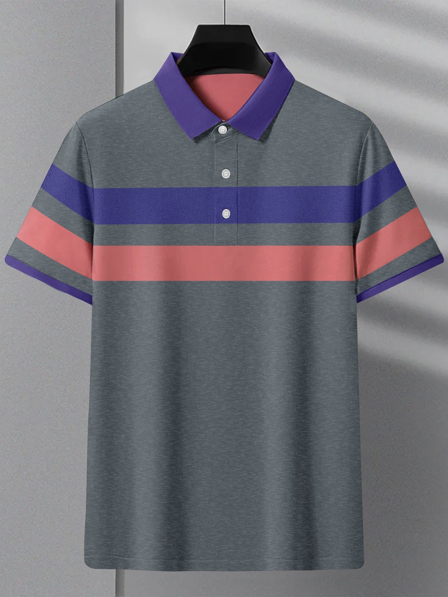 Summer Polo Shirt For Men-Slate Blue Melange with Purple & Pink Stripe-RT2336