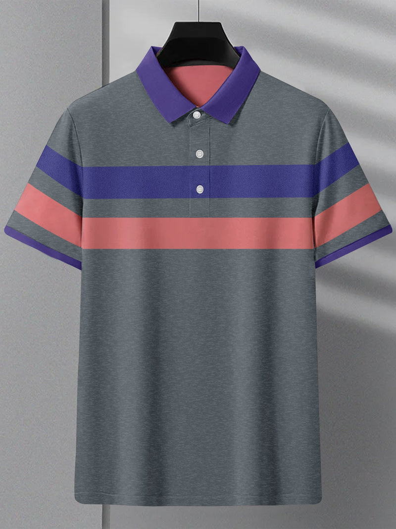 Summer Polo Shirt For Men-Slate Blue Melange with Purple & Pink Stripe-RT2336