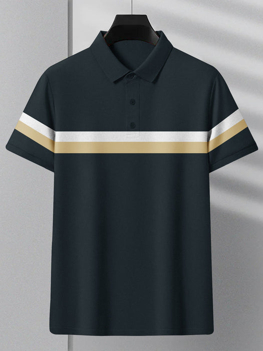 Summer Polo Shirt For Men-Dark Navy With White & Brown Stripe-RT2332