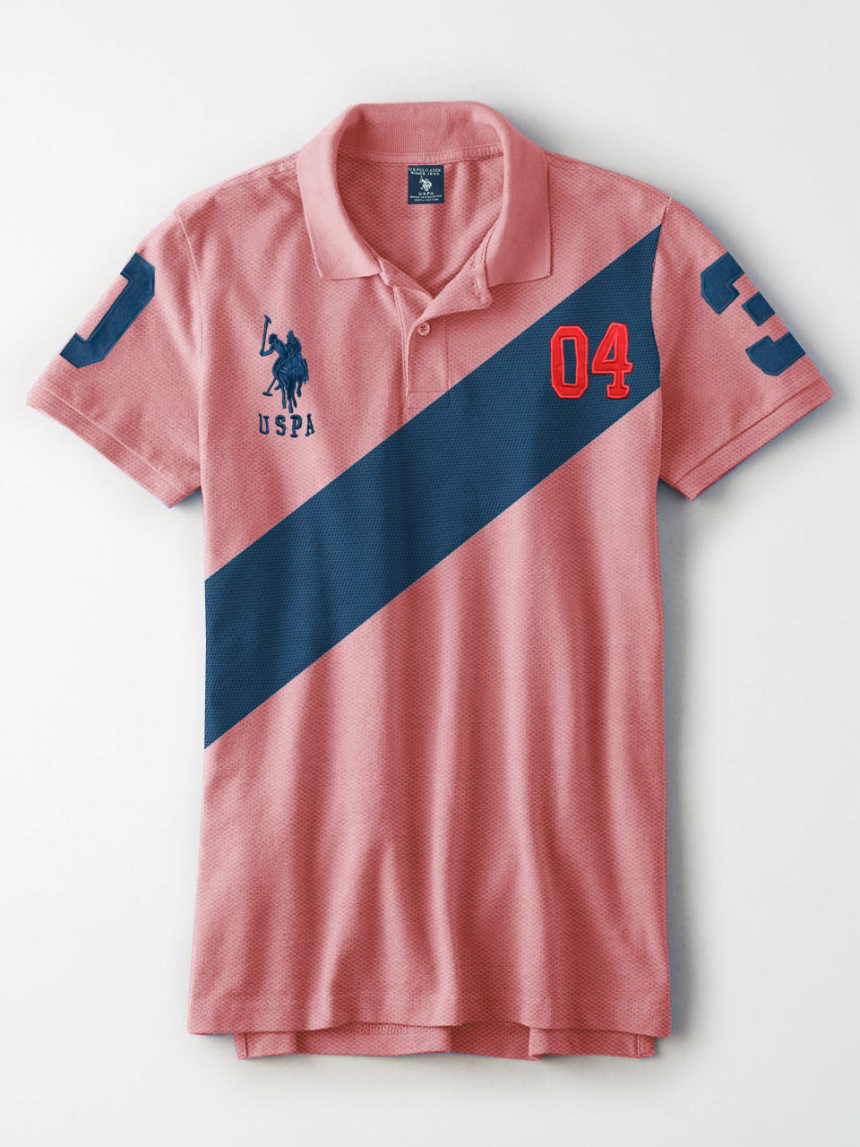 US Polo Muscle Fit Stylish Fashion Shirt For Men-Light Pink With Prussian Blue Panel-BE14694
