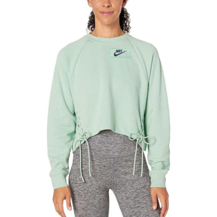 NK Terry Fleece Raglan Sleeve Crop Lace Up Sweatshirt For Women-Light Green-BE13979