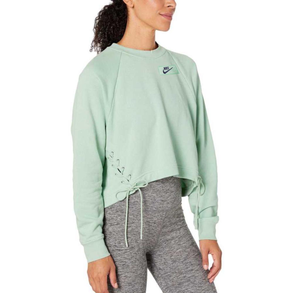 NK Terry Fleece Raglan Sleeve Crop Lace Up Sweatshirt For Women-Light Green-BE13979