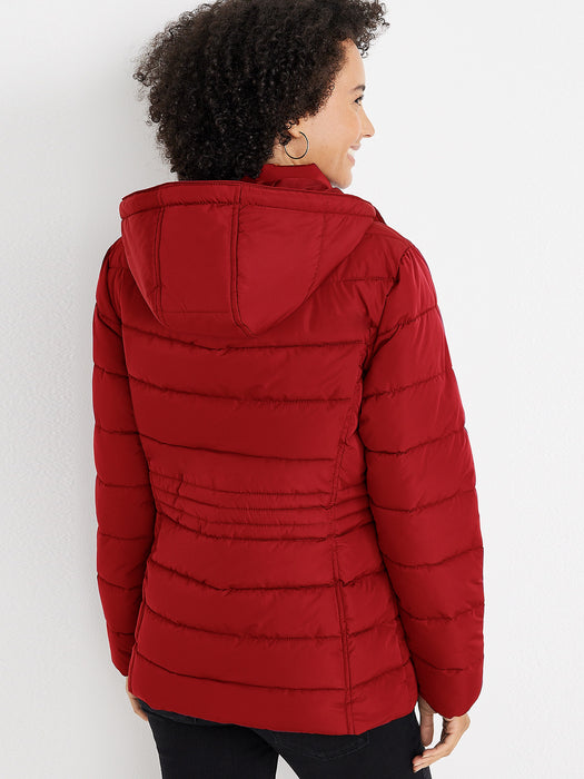 Cinched Waist Puffer Hoodie Jacket For Women-Red-BR201