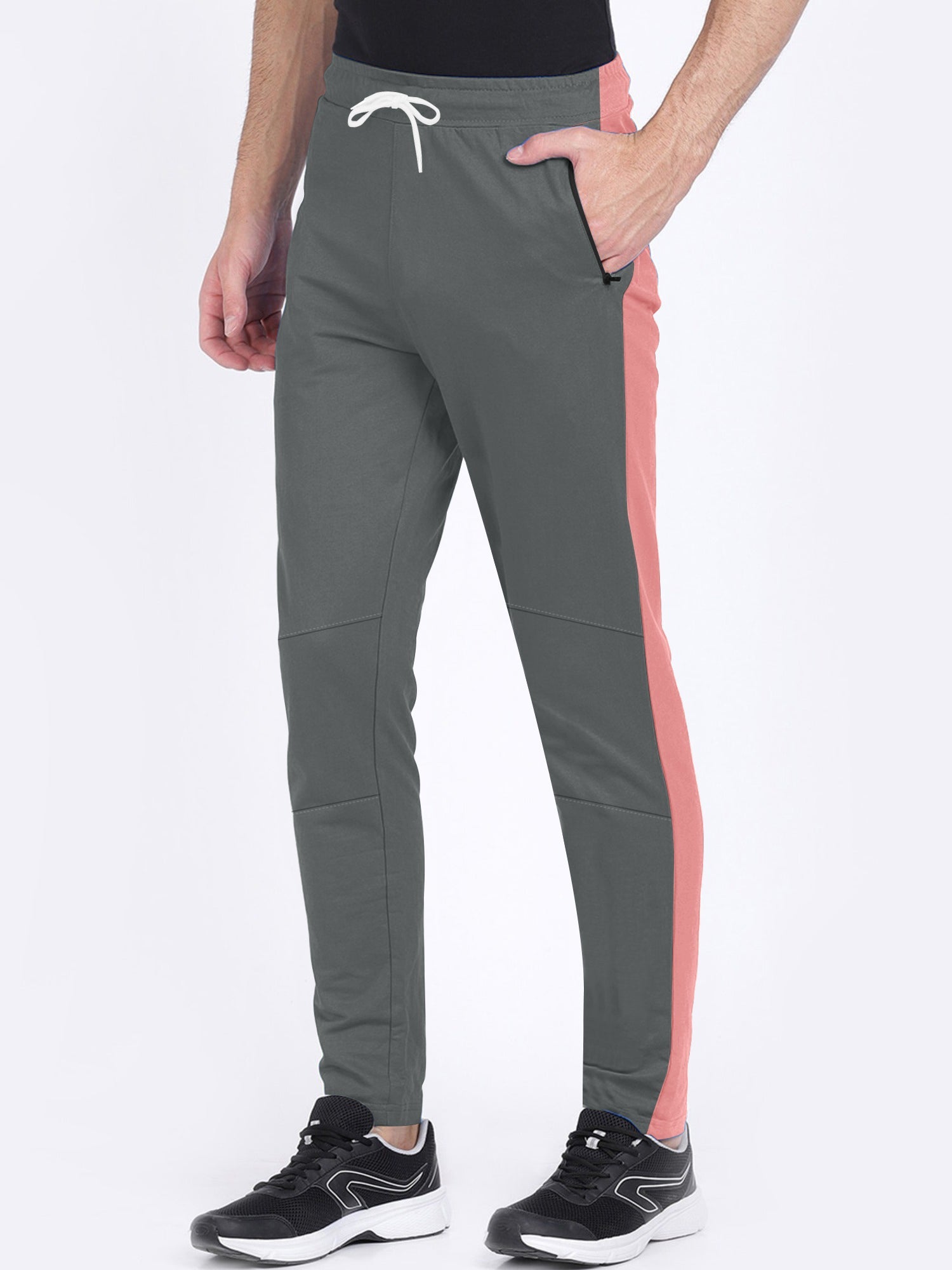 Summer Single Jersey Slim Fit Trouser For Men-Grey With Light Pink Stripes-RT2103