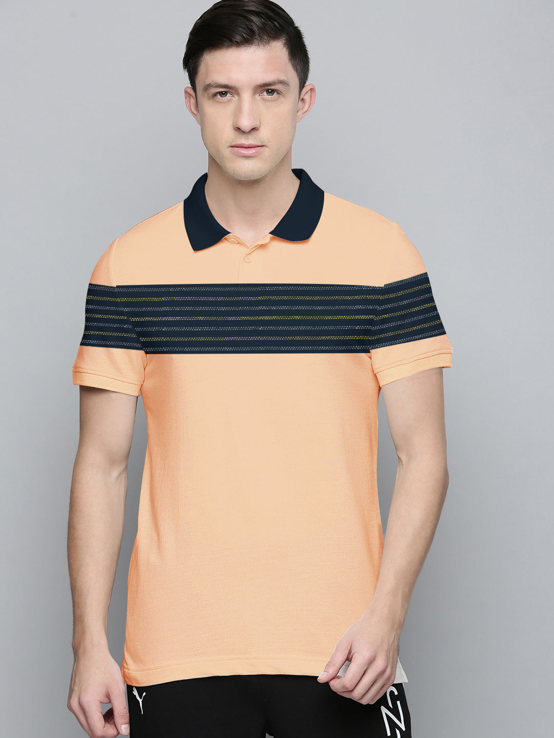 Summer Polo Shirt For Men-Light Orange With Navy Pannel & Stripes-SP6522