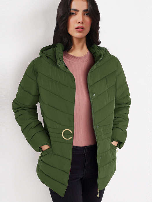 Cinched Waist Puffer Hoodie Jacket For Women-Olive Green-BR202