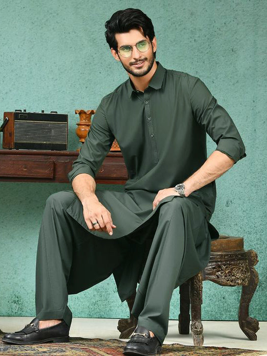 Maryland Cotton Sutton Unstitched Suit For Men-Steel Green-RT2446