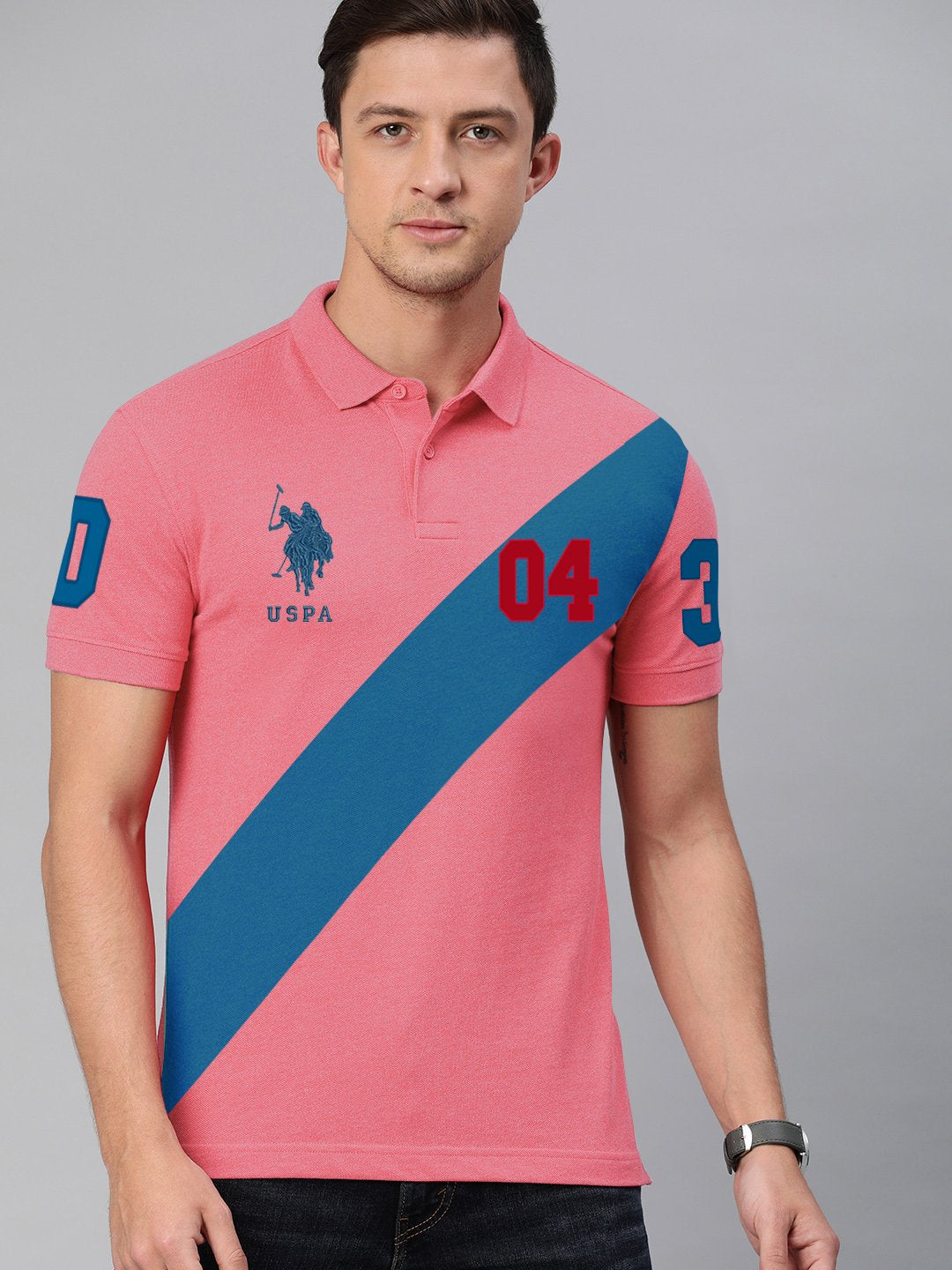 US Polo Muscle Fit Stylish Fashion Shirt For Men-Light Pink With Prussian Blue Panel-BE14694