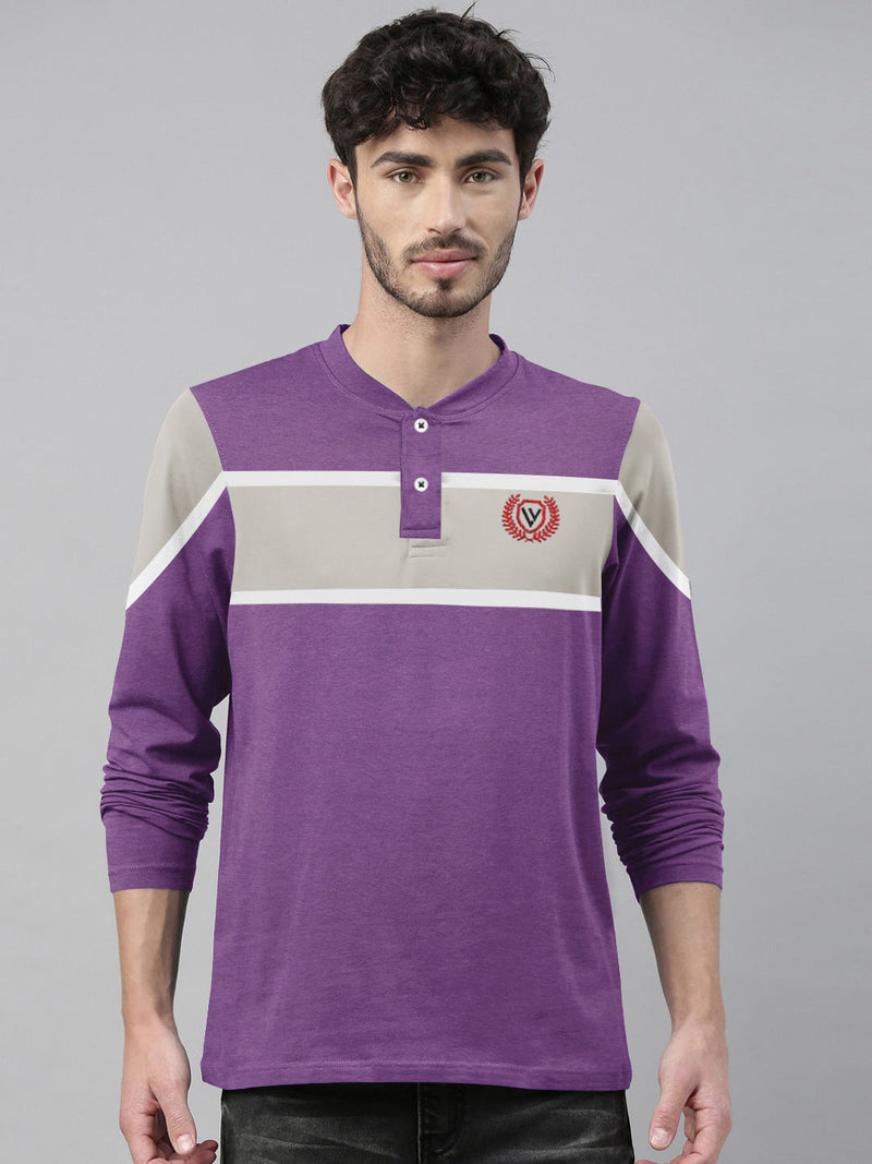 Louis Vicaci P.Q Long Sleeve Henley Shirt For Men-Purple Melange with Grey Panel-RT2427