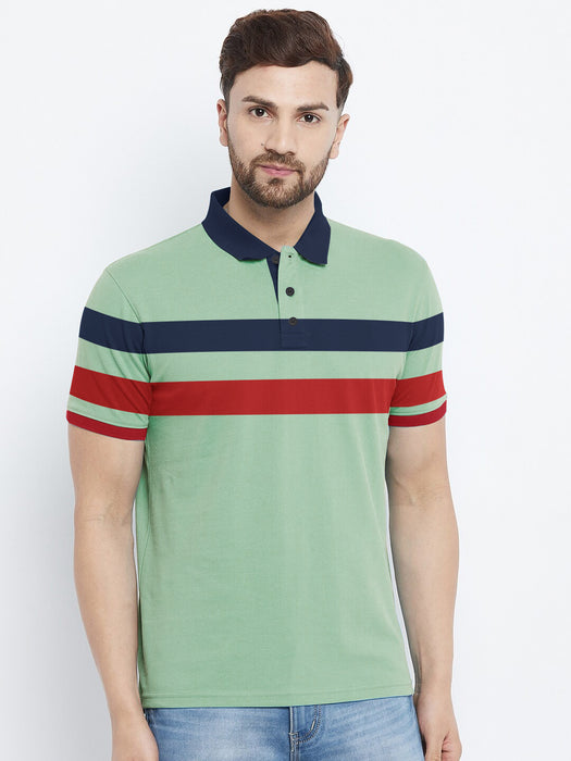 Summer Polo Shirt For Men-Sea Green with Navy & Red Stripes-RT05