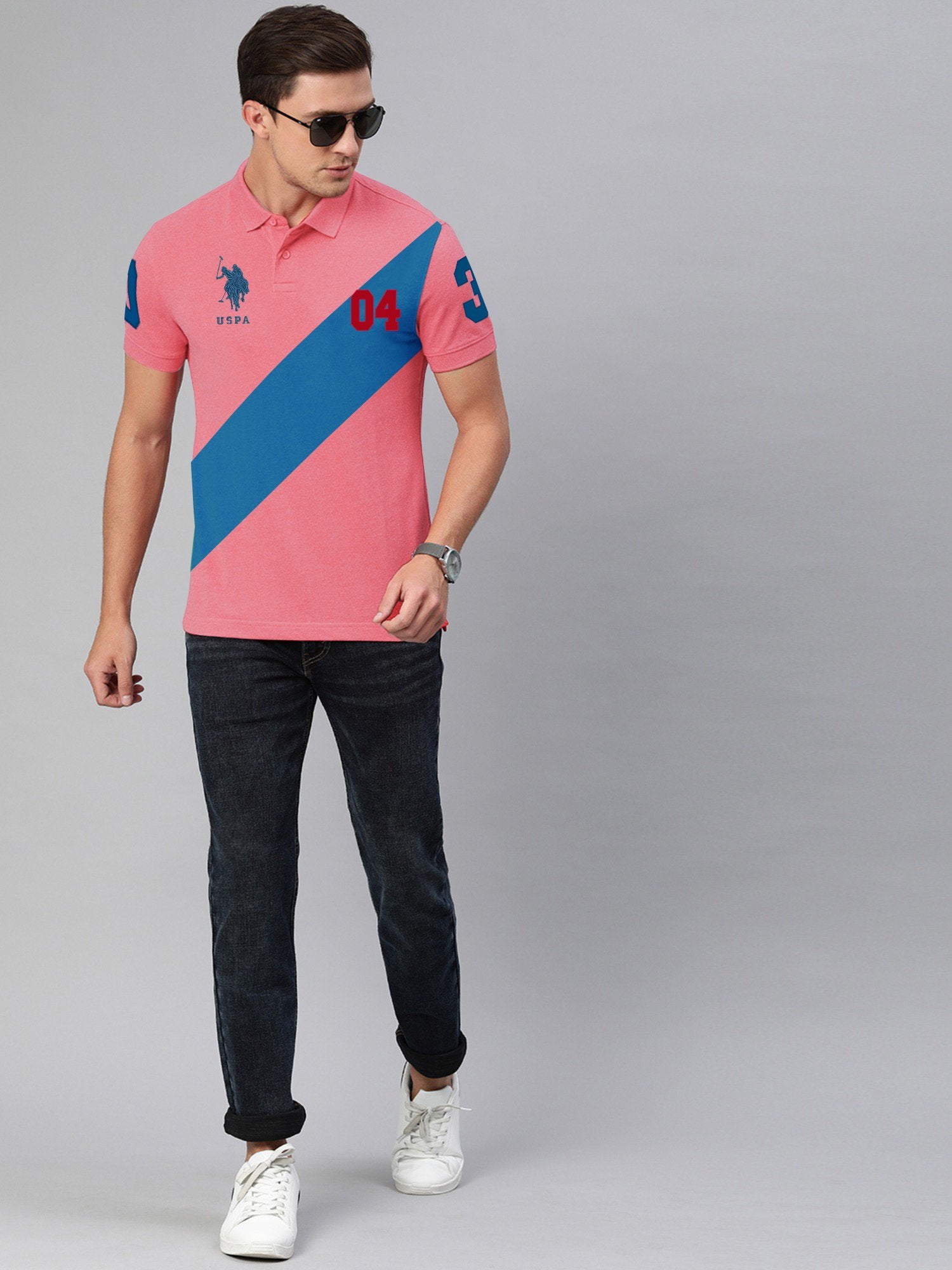 US Polo Muscle Fit Stylish Fashion Shirt For Men-Light Pink With Prussian Blue Panel-BE14694
