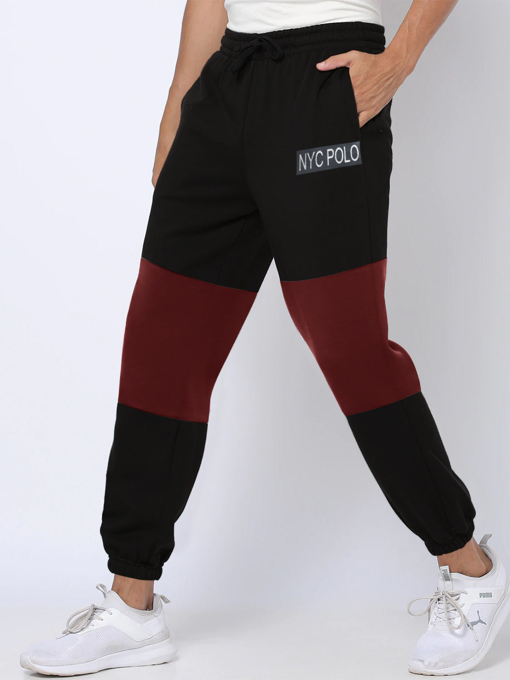 Nyc Polo Gathering Fit Fleece Jogger Trouser For Men-Black with Red Panel-RT2184