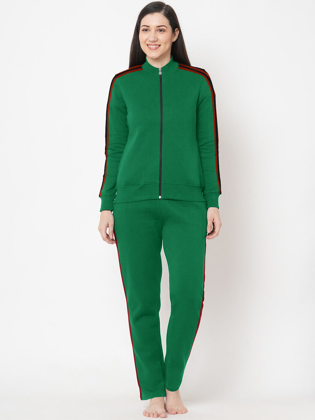 Louis Vicaci Fleece Zipper Tracksuit For Ladies-Green Melange with Black Stripe-BR266