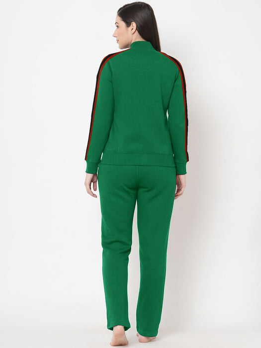 Louis Vicaci Fleece Zipper Tracksuit For Ladies-Green Melange with Black Stripe-BR266