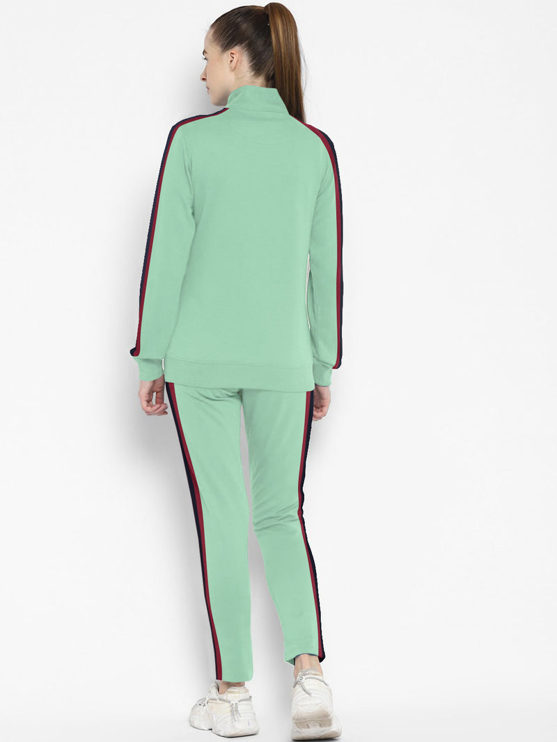 Louis Vicaci Fleece Zipper Tracksuit For Ladies-Light Green with Maroon Stripe-BR366