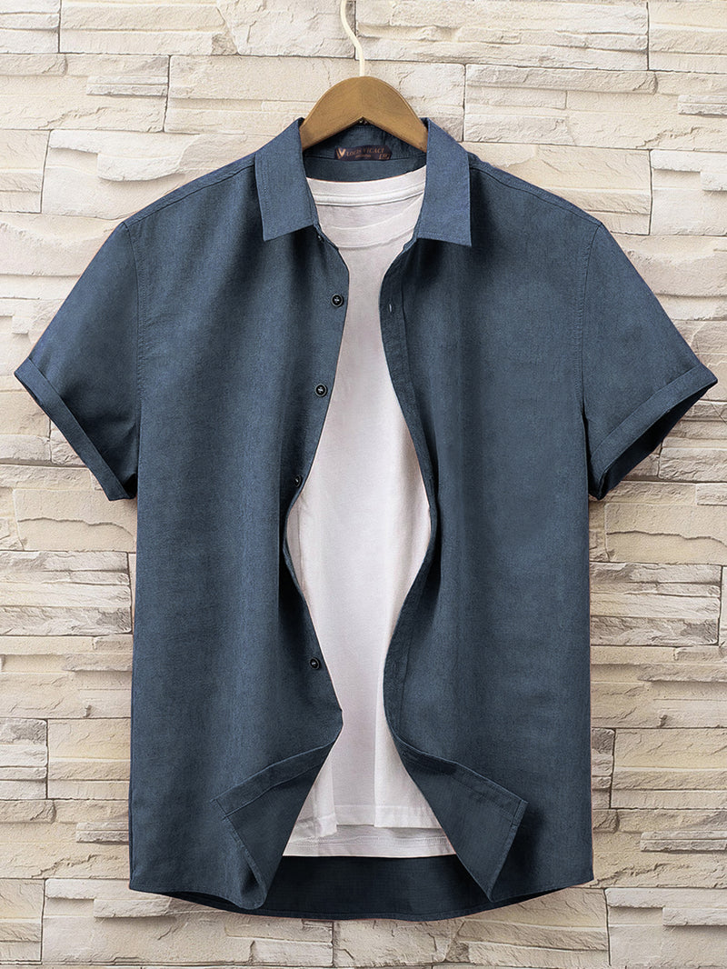 Louis Vicaci Super Stretchy Slim Fit Half Sleeve Summer Formal Casual Shirt For Men-Navy Melange-BR540