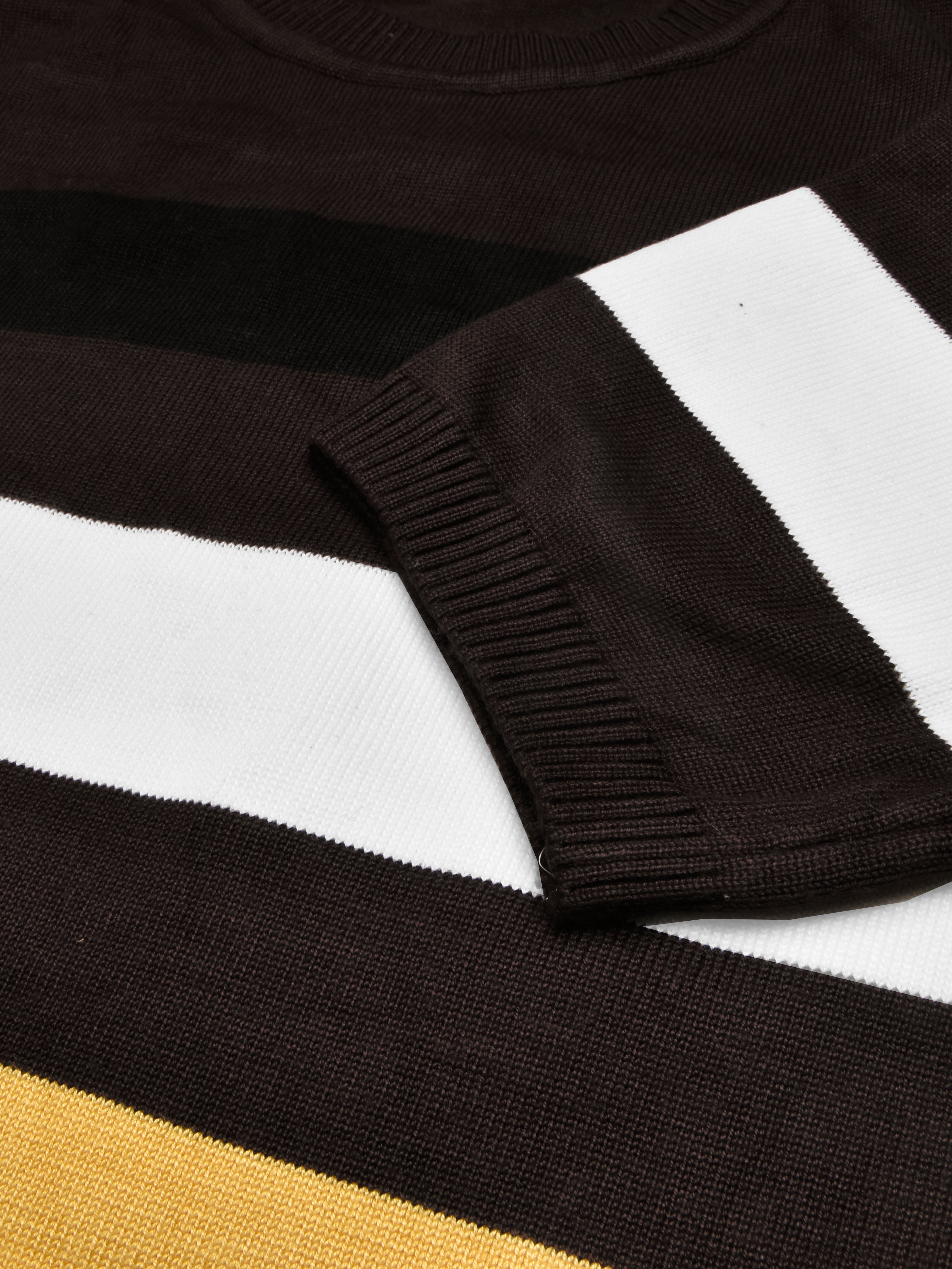 Full Fashion Short Sleeve Crew Neck Sweater For Men-Brown With Stripes-SP1099/RT2241