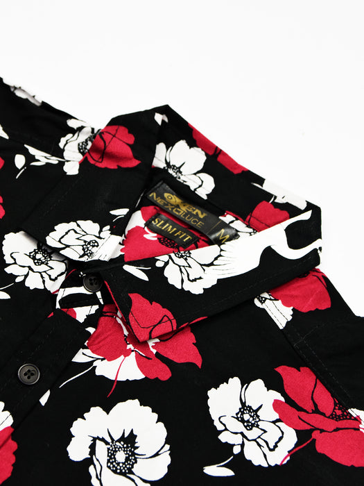Premium Half Sleeve Slim Fit Casual Shirt For Men-Black With Floral Pattern-NA14581