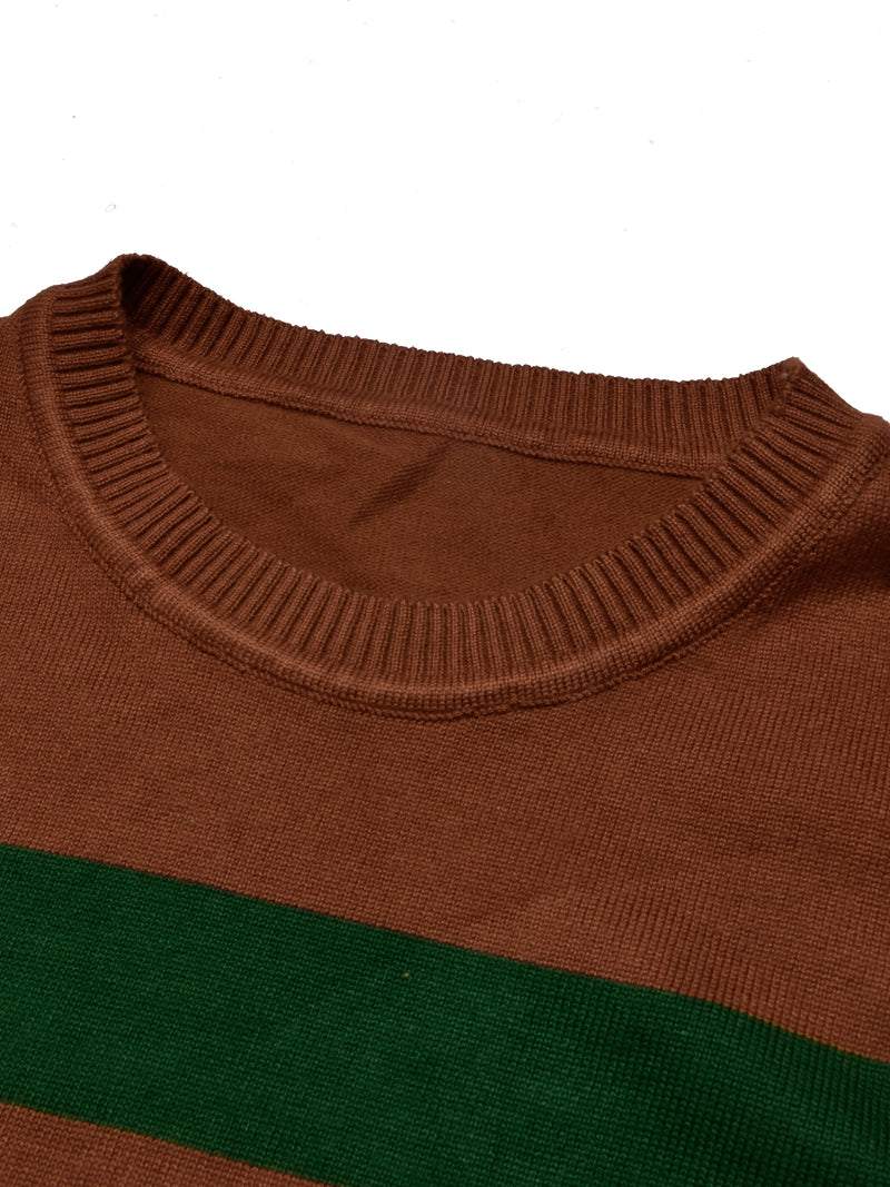 Full Fashion Short Sleeve Crew Neck Sweater For Men-Light Brown With Stripes-RT2243