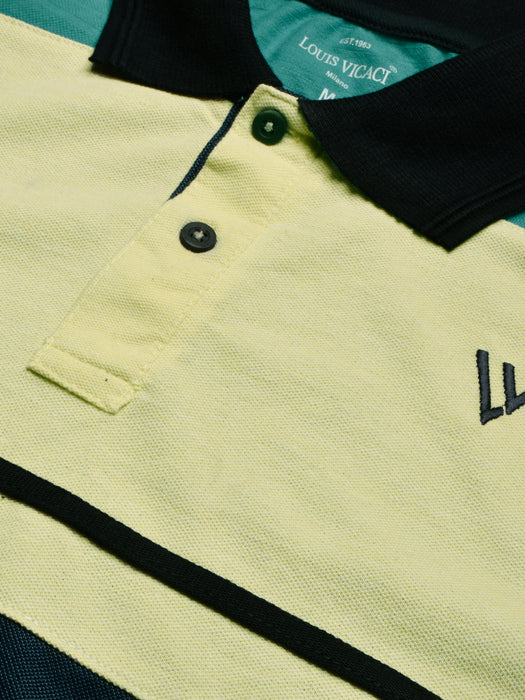 LV Summer Polo Shirt For Men-Navy Melange with Yellow & Cyan Green-RT2384
