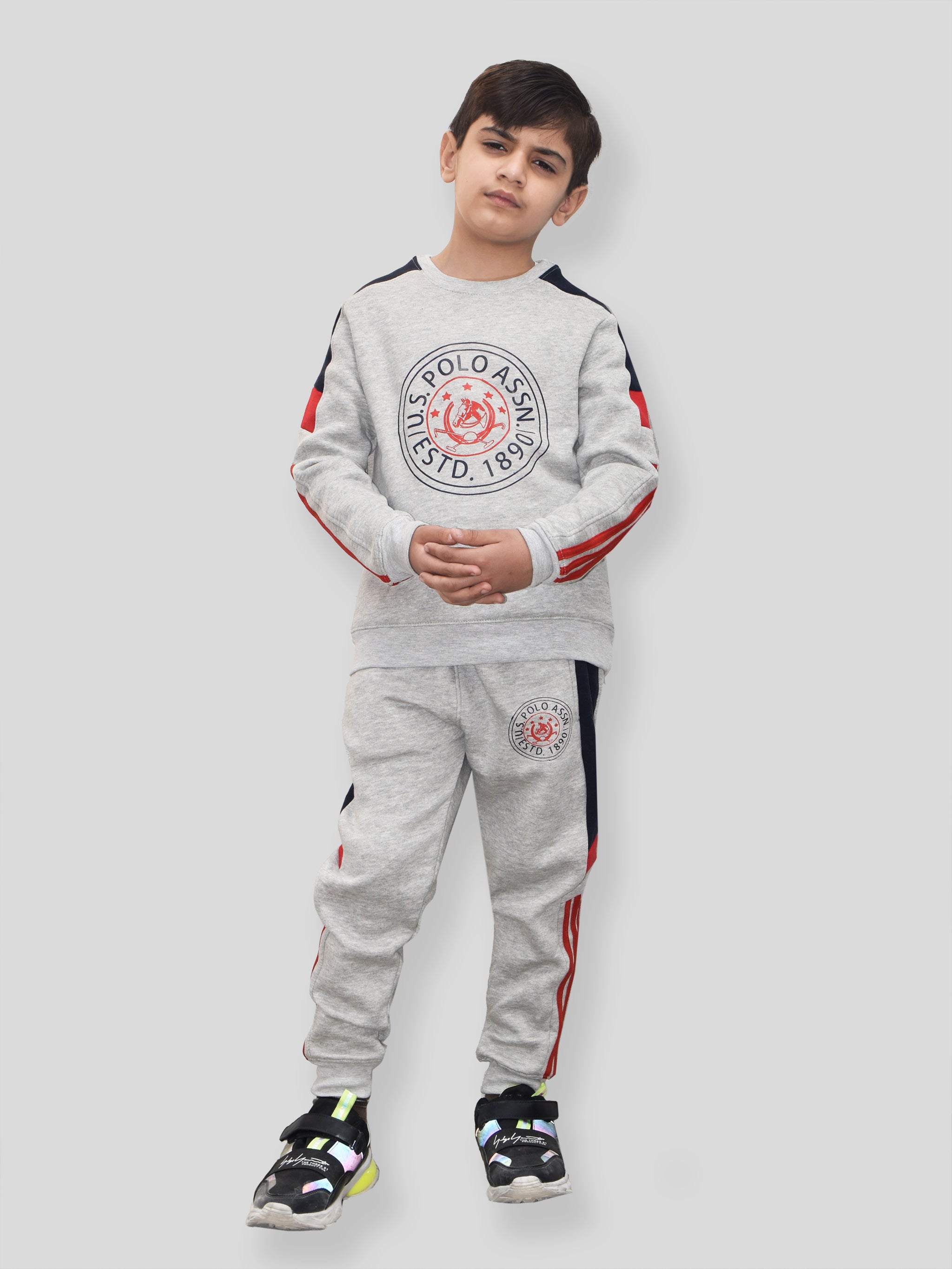 U.S Polo Assn Fleece Tracksuit For Kids-Grey Melange-BR918