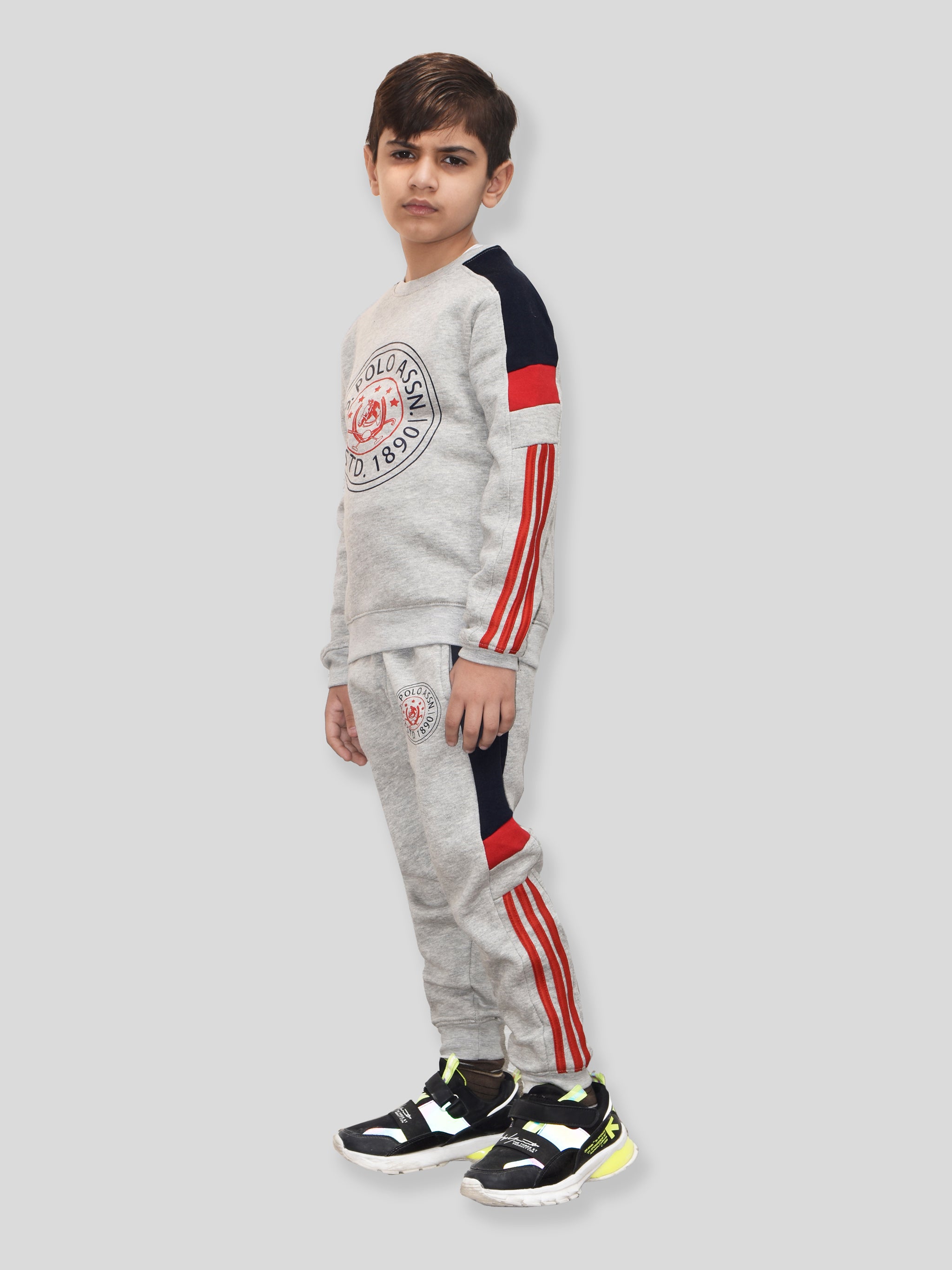 U.S Polo Assn Fleece Tracksuit For Kids-Grey Melange-BR918