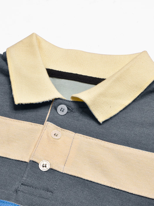 Summer Polo Shirt For Men-Slate Blue Melange with Yellow & Blue Stripe-RT2333
