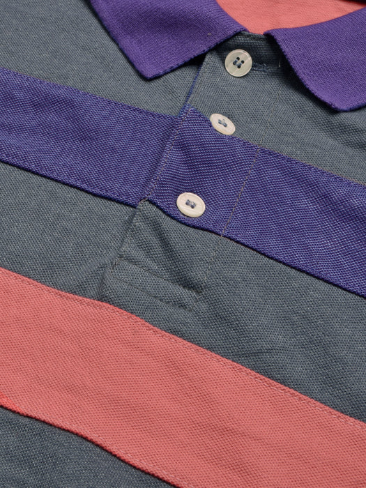 Summer Polo Shirt For Men-Slate Blue Melange with Purple & Pink Stripe-RT2336