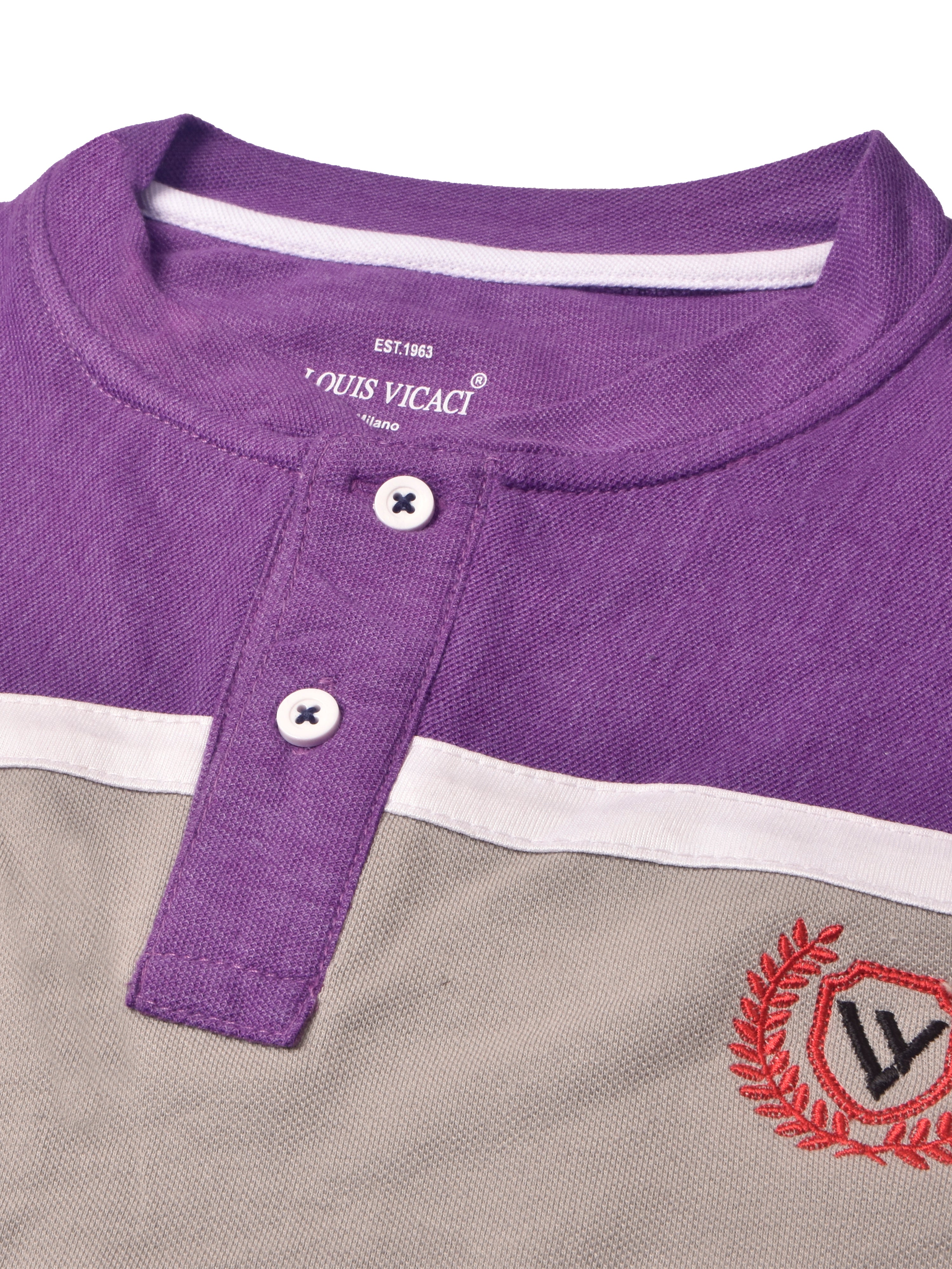 Louis Vicaci P.Q Long Sleeve Henley Shirt For Men-Purple Melange with Grey Panel-RT2427