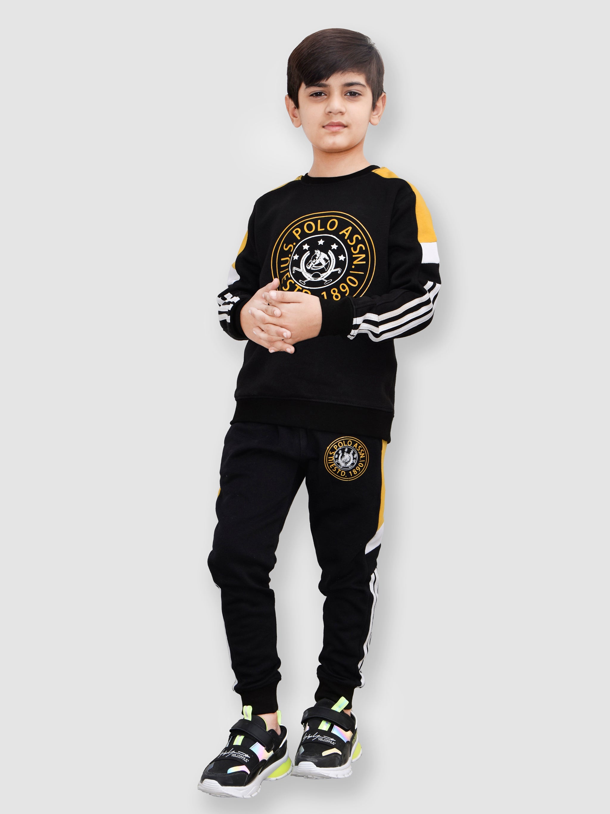 U.S Polo Assn Fleece Tracksuit For Kids-Back & Yellow-RT1218