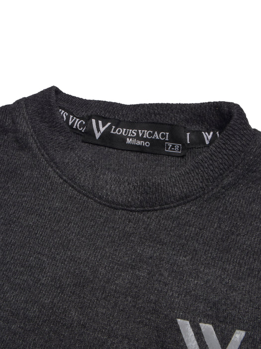 LV Crew Neck Long Sleeve Thermal Tee Shirt For Kids-Black with Orange & Grey-RT2422
