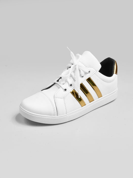 Women Flat Sneakers-White & Golden-RT1216