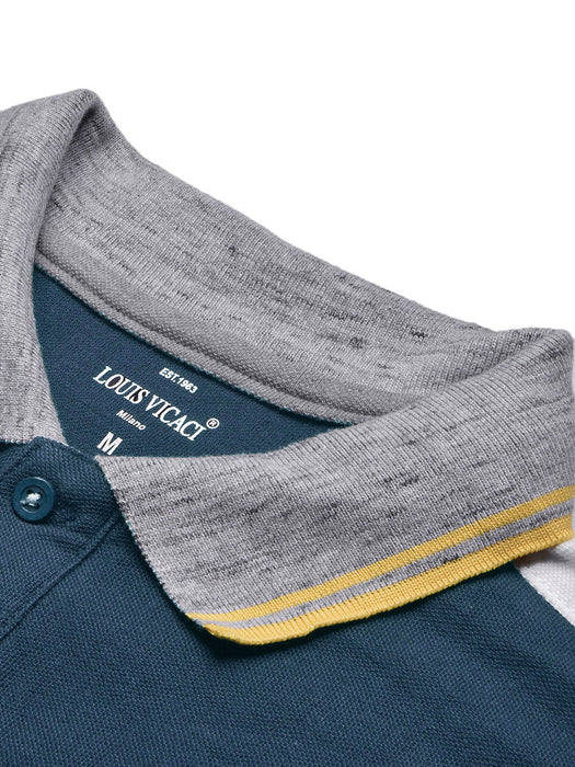 LV Summer Polo Shirt For Men-Grey Melange with Ocean Blue Panel-RT2359