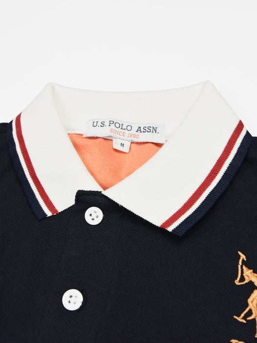 Summer Polo Shirt For Men-Navy With Peach & White Stripe-RT32