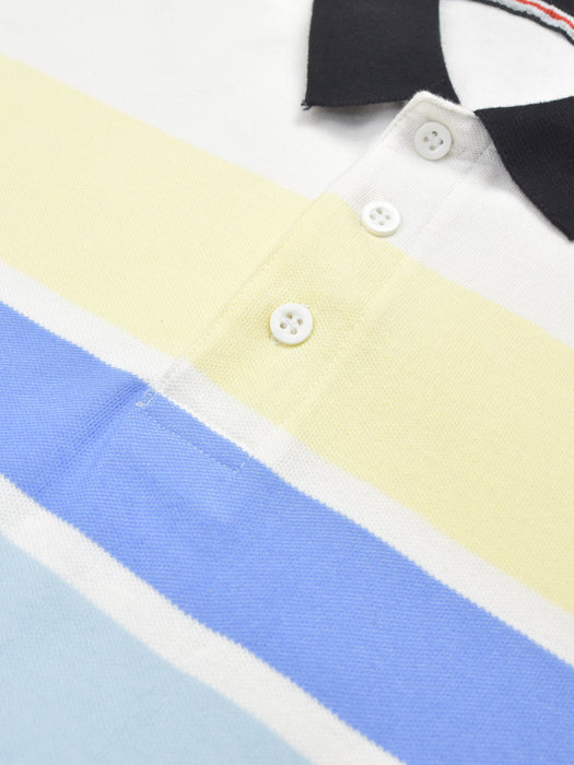 Summer Polo Shirt For Men-White with Sky & Yellow Stripe-RT38