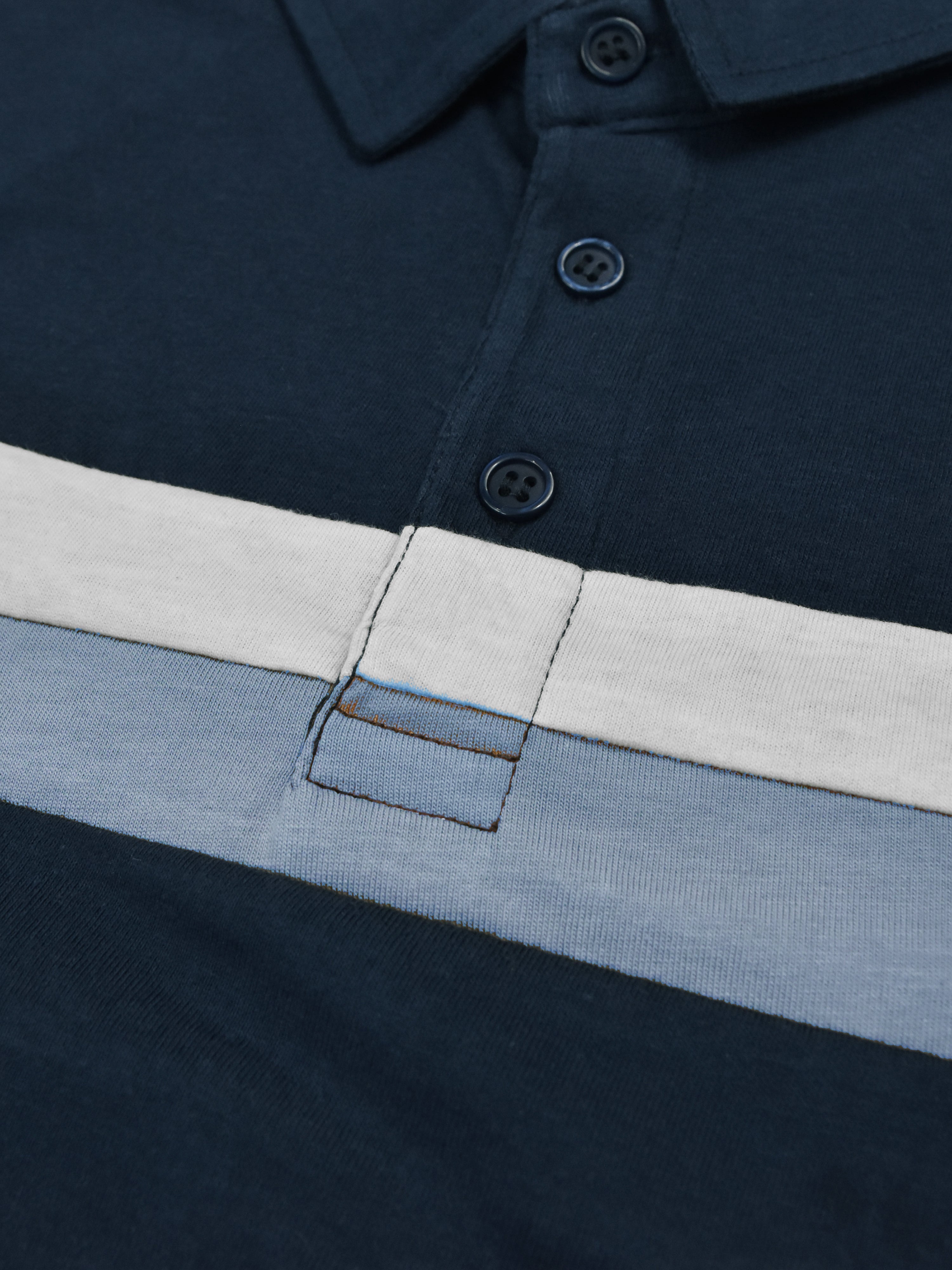 Summer Polo Shirt For Men-Dark Navy With White & Sky Stripe-RT2338